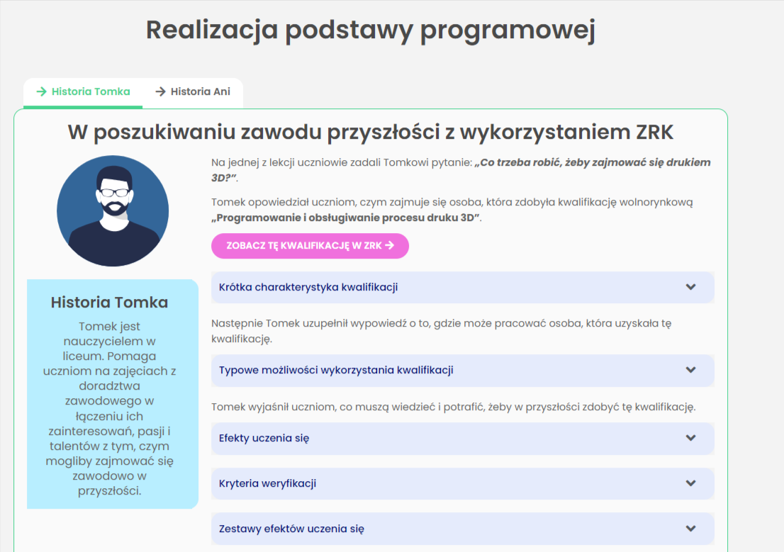 Przewodnik ZRK - zrzut ekranu z informacjami poświęconymi podstawie programowej