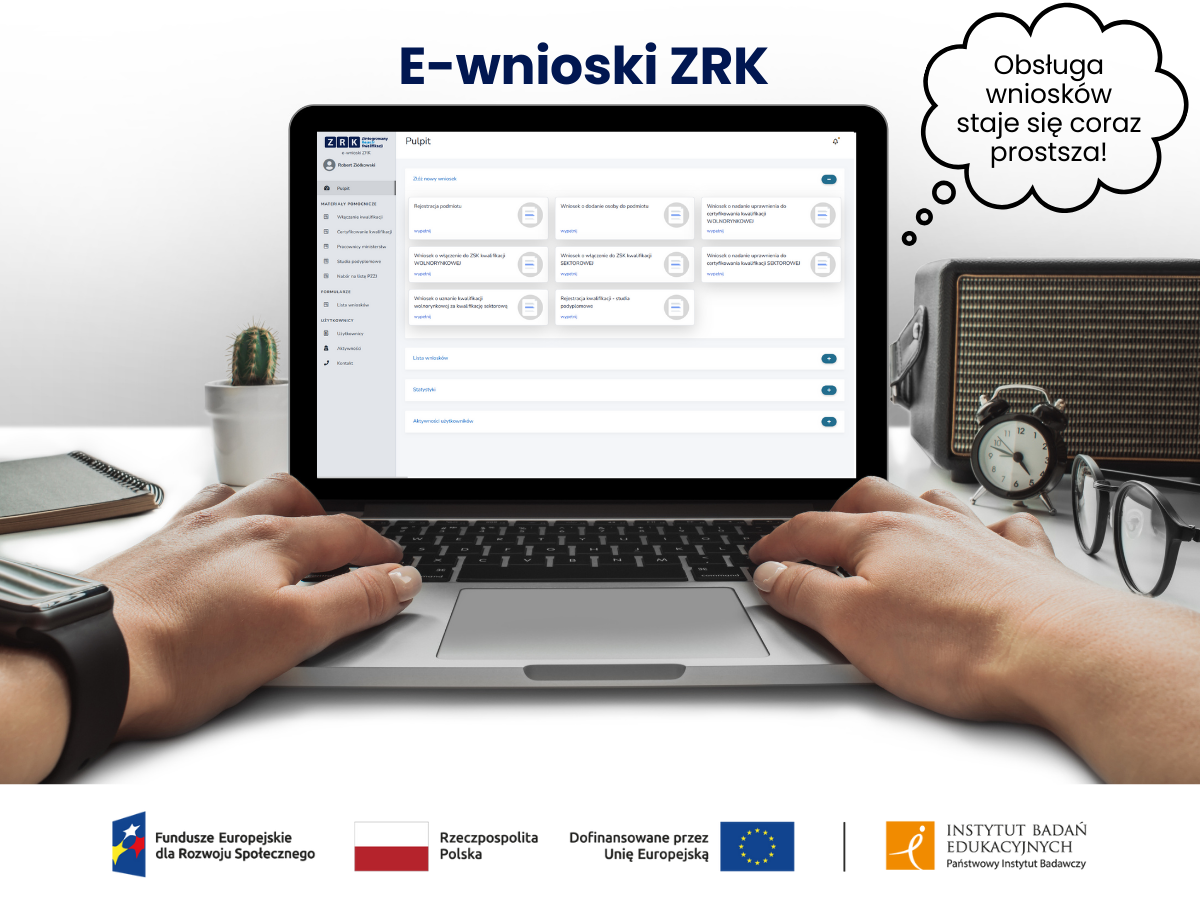widok ekranu e-wniosków; z boku dymek napisem "obsługa wniosków staje się coraz prostsza"