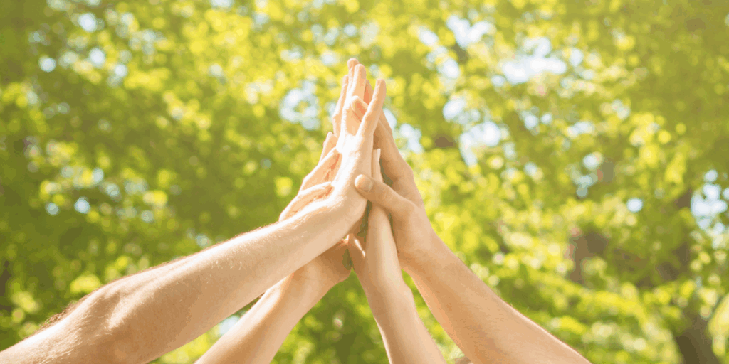 dłonie różnych osób przybijających wspólnie piątkę, na tle zielonej korony drzewa