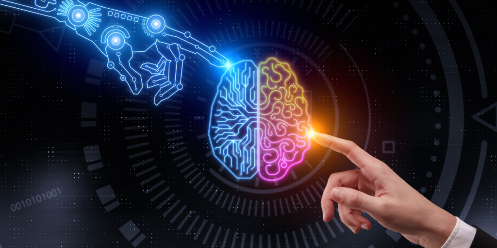 ilustracja mózgu dotykanego z jednej strony przez ludzką dłoń, a z drugiej - przez wygenerowaną komputerowo dłoń robota / sztucznej inteligencji