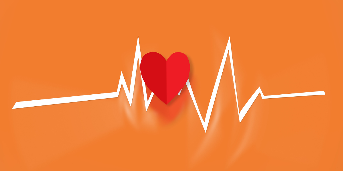 czerwone serce wycięte z papieru, na tle stylizowanego wykresu EKG