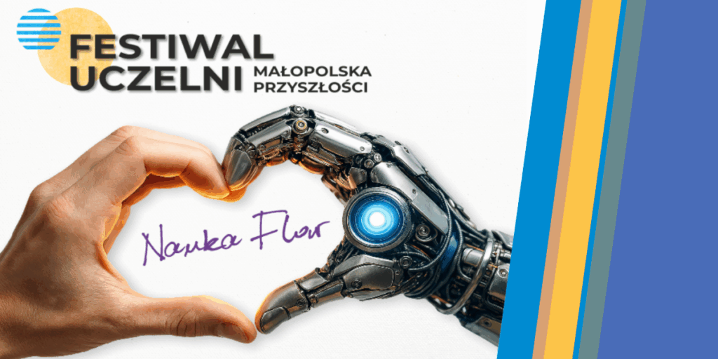 dwie dłonie - ludzka i robota - tworzące wspólnie serce z palców; w sercu napis "nauka flow"