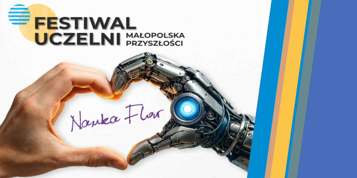 dwie dłonie - ludzka i robota - tworzące wspólnie serce z palców; w sercu napis "nauka flow"