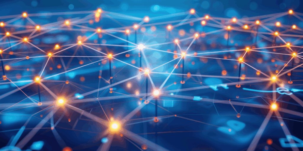 graficzna wizualizacja sieci powiązań - szpilki ze świecącymi łebkami połączonymi promieniami światła