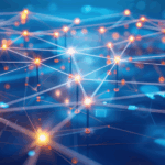 graficzna wizualizacja sieci powiązań - szpilki ze świecącymi łebkami połączonymi promieniami światła