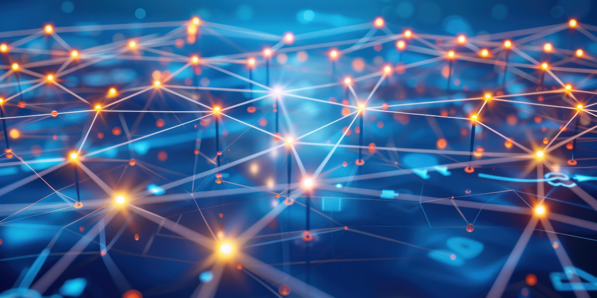 graficzna wizualizacja sieci powiązań - szpilki ze świecącymi łebkami połączonymi promieniami światła