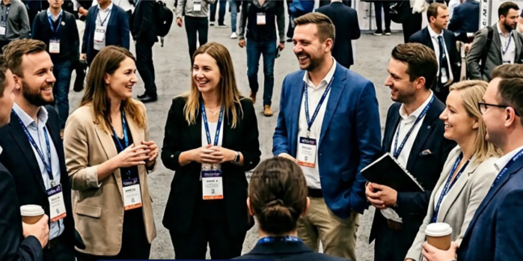 Grupa uśmiechniętych profesjonalistów rozmawiających w kole w trakcie networkingu podczas konferencji. Uczestnicy są ubrani w stroje biznesowe, mają na szyjach identyfikatory na smyczach, a w tle widać innych uczestników w przestronnej hali.