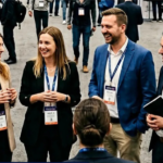 Grupa uśmiechniętych profesjonalistów rozmawiających w kole w trakcie networkingu podczas konferencji. Uczestnicy są ubrani w stroje biznesowe, mają na szyjach identyfikatory na smyczach, a w tle widać innych uczestników w przestronnej hali.