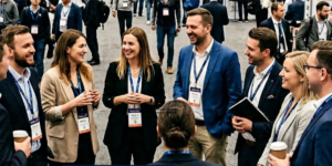 Grupa uśmiechniętych profesjonalistów rozmawiających w kole w trakcie networkingu podczas konferencji. Uczestnicy są ubrani w stroje biznesowe, mają na szyjach identyfikatory na smyczach, a w tle widać innych uczestników w przestronnej hali.