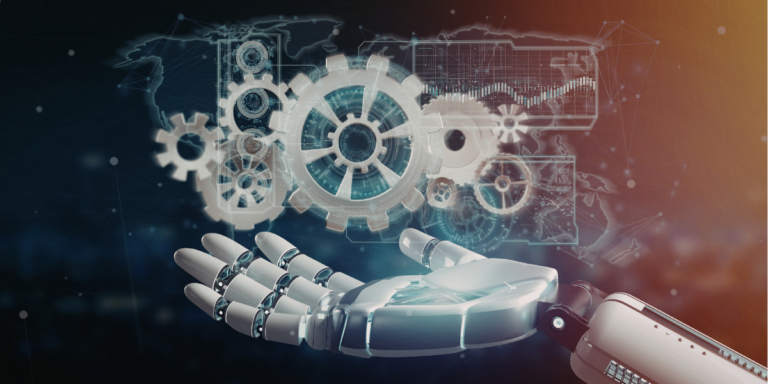 Grafika symbolizująca nowoczesne technologie i przemysł 4.0: mechaniczna dłoń podtrzymująca hologramy kół zębatych i analityki biznesowej na tle globalnej sieci połączeń.