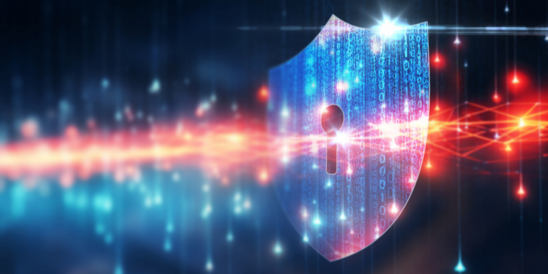 grafika przedstawiająca tarczę z dziurką od klucza - symbol cyberbezpieczeństwa