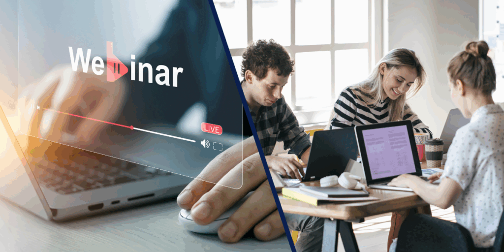 dwie ilustracje: 1) osoba przed laptopem i napis webinar ) grupa osób siedzących przy stole przed latopami