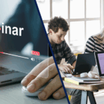 dwie ilustracje: 1) osoba przed laptopem i napis webinar ) grupa osób siedzących przy stole przed latopami