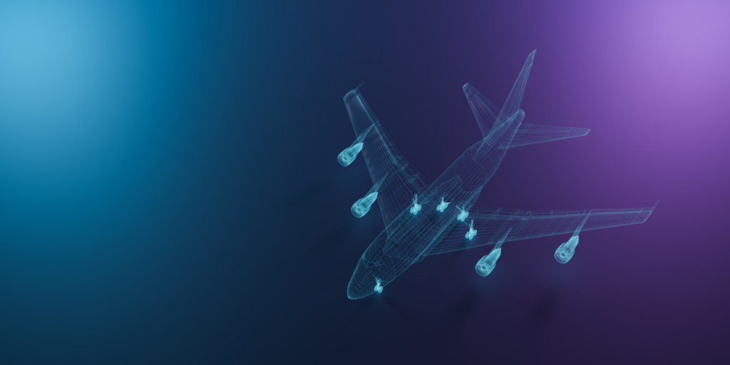 Cyfrowy model 3D samolotu pasażerskiego w formie niebieskiej siatki (wireframe) na ciemnym tle z niebieską i fioletową poświatą.