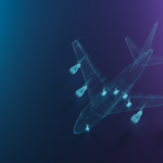 Cyfrowy model 3D samolotu pasażerskiego w formie niebieskiej siatki (wireframe) na ciemnym tle z niebieską i fioletową poświatą.