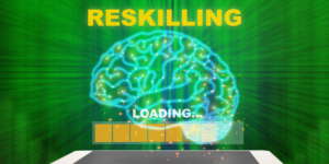 rysunek mózgu; nad nim napis reskilling, pod nim - pasek postępu ładowania z napisem "loading"