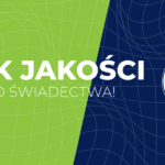biały napis "znak jakości twojego świadectwa" na zielono-granatowym tle; z prawej strony, w kółku, wycinek świadectwa z oznaczeniem PRK II