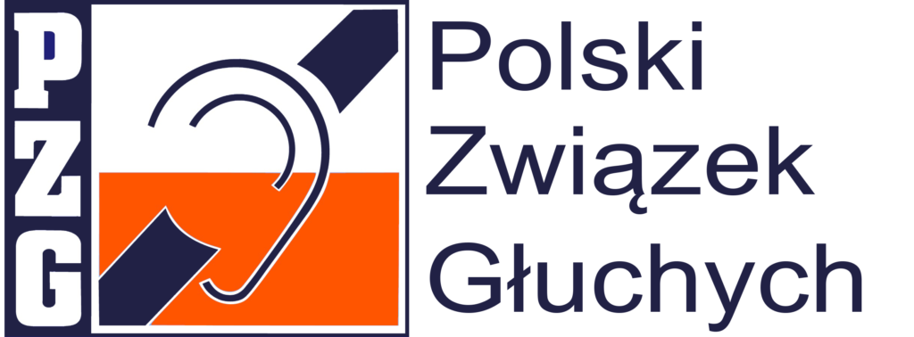 Logo Polskiego Związku Głuchych. Po lewej stronie znajduje się kwadratowy znak graficzny: biały symbol ucha na pomarańczowo-granatowym tle, przecięty ukośną linią. Obok widnieje pionowy skrót „PZG” oraz pełna nazwa organizacji: „Polski Związek Głuchych”.