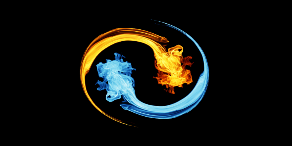 symboliczne wyobrażenie ognia i wody nawiązujące do przedstawieni yin i yang
