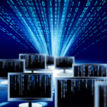 monitory komputerowe, zza których w górę "wystrzeliwuje" snop liczb