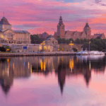 panorama Szczecina o wschodzie słońca