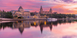 panorama Szczecina o wschodzie słońca