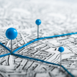 Artystyczne zdjęcie starej mapy z zaznaczonymi punktami. Sześć niebieskich pinezek o kulistych główkach jest wbitych w różne miejsca mapy, a między nimi rozciągnięty jest jaskrawoniebieski sznurek. Główna pinezka znajduje się na pierwszym planie, lekko po lewej stronie, stanowiąc centralny węzeł trasy. Tło mapy jest rozmyte, co nadaje zdjęciu głębi. Metaforyczne przedstawienie planowania trasy lub sieci połączeń.