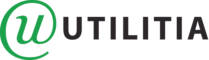 Logotyp firmy Utilitia. Składa się z zielonego sygnetu przedstawiającego stylizowaną literę „u” wpisaną w okrąg (przypominającą symbol @) oraz umieszczonego obok dużego, czarnego napisu „UTILITIA” wykonanego prostą, grubą czcionką.